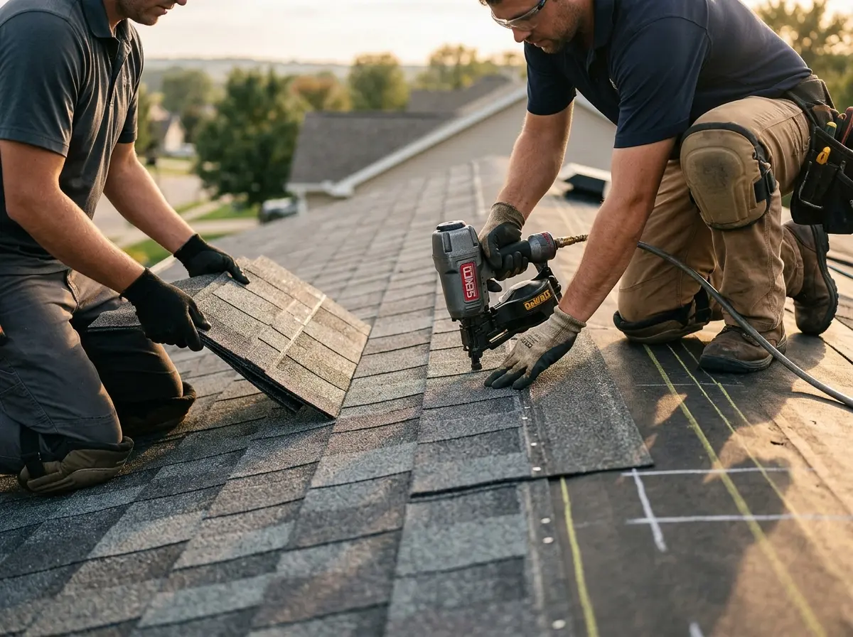 Professional roofer working on a residential roof in Lemay